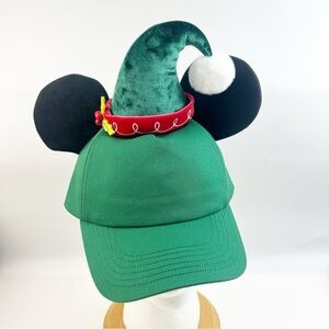 Disney Parks Mickey Mouse Holiday Baseball Cap Elf  Adult Green Santa Hat New